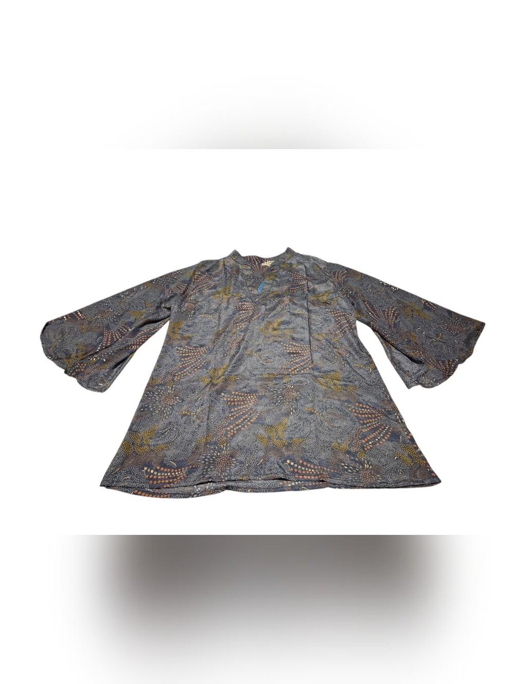 Women’s Paani Boho Metallic Print Bell Sleeve Tunic Top L Gray Gold